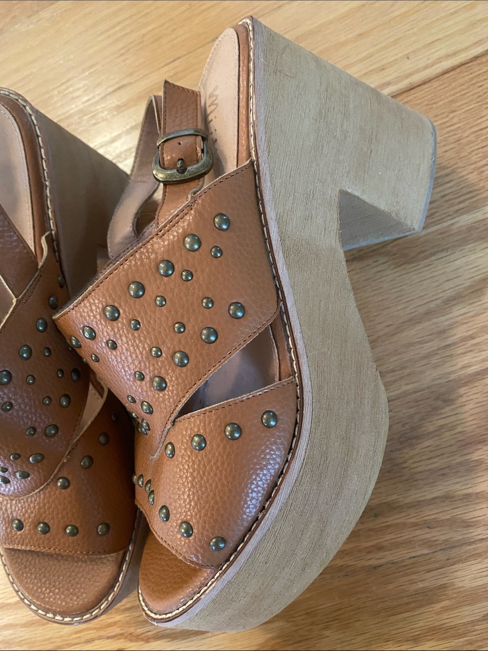 Tan Studded Leather Platform Slingback Sandals - Picture 3 of 4